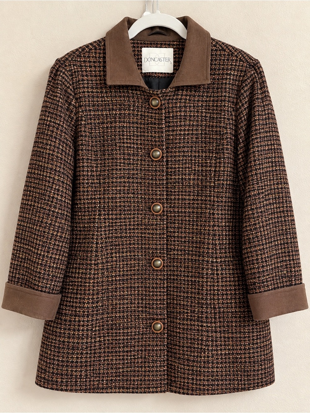 Doncaster Brown Houndstooth Pea Coat with Suede Trim